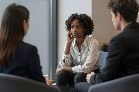 Serious african american businesswoman sitting in office, talking with male colleague. Businesswoman listening to colleague during meeting. Communication conceptの素材