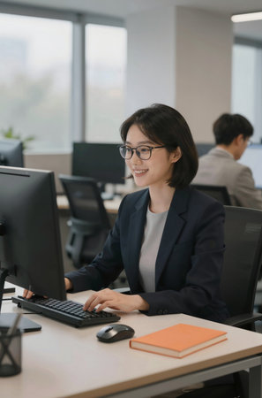 Portrait of young businesswoman using computer in office. Asian peopleの素材