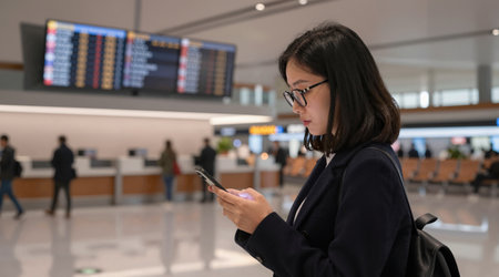 Woman use of mobile phone at the airport in Hong Kong, China.の素材