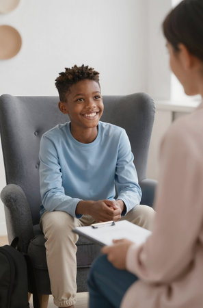 African-american psychotherapist working with young man in officeの素材