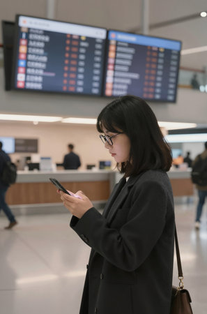 young beautiful and happy Asian Chinese woman using mobile phone at airport terminal waiting for flight and checking flight schedule on mobile phoneの素材