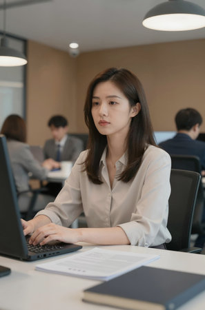 Young businesswoman working on laptop computer in modern office. Asian businesswoman using computer at workplace.の素材