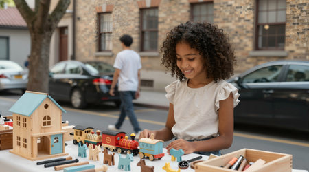 Cute African-American girl playing with toy train on the streetの素材
