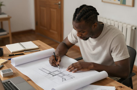 African american male architect working with blueprints at desk in officeの素材