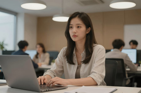 Young asian businesswoman working on laptop computer in modern office.の素材