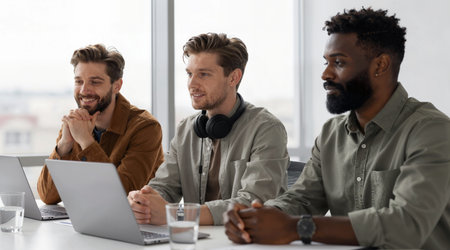 Multiracial group of young businesspeople working together at office, sitting at desk, using laptop, smiling, talking, laughing. Teamwork conceptの素材