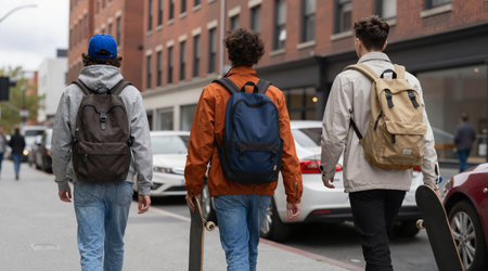 Rear view of a group of friends with backpacks walking on the streetの素材