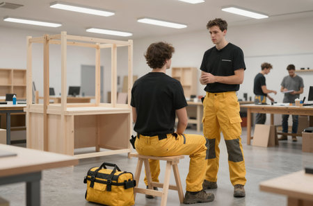 Workers in protective overalls working in the office. Industrial conceptの素材