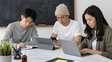 Group of young Asian students using digital tablet and laptop computer together in classroom.の素材