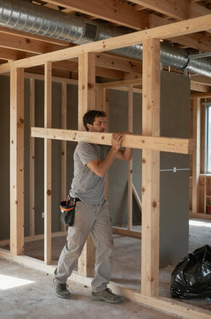 Construction worker installing a frame of a new wooden house on a construction siteの素材