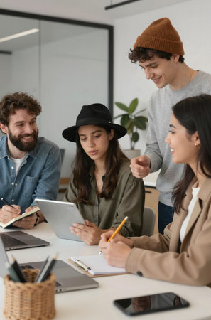 Group of young business people working together in modern office. Teamwork concept.の素材