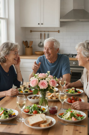 Happy senior couple enjoying romantic dinner together at home. Smiling elderly man and woman sitting at the table with glasses of wine and eating healthy food.の素材