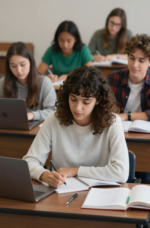 Group of students studying together in classroom, focus on girl writing in notebookの素材