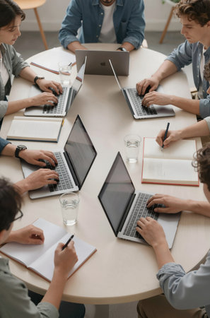 Top view of group of young people working with laptops at table in officeの素材
