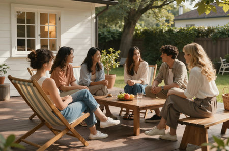 Group of multiethnic friends sittingchairs and talking outdoorsの素材