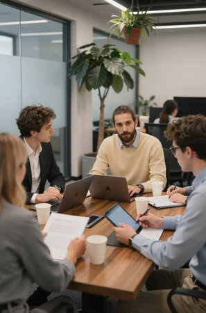 Group of young business people working together in a modern office. Selective focus.の素材