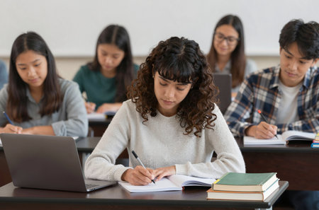 Group of students studying in classroom, focus on girl writing in notebookの素材