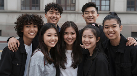 Group of young asian people smiling and looking at the camera.の素材