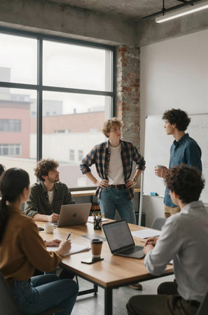 multiethnic startup business team on meeting in modern office interior brainstorming, working on laptop and tablet computerの素材