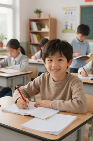 Happy asian schoolboy writing in notebook while sitting at desk in classroomの素材