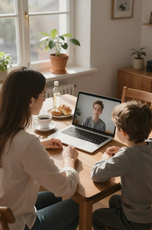 Mother and son using laptop for video call at home. Mother talking with her son via video call.の素材