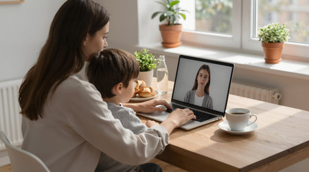 Back view of mother and son using laptop for video call. Cute little boy sitting at table with mother talking with family on video call. Communication conceptの素材