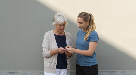 Mature woman helping her daughter to use a mobile phone outdoors.の素材