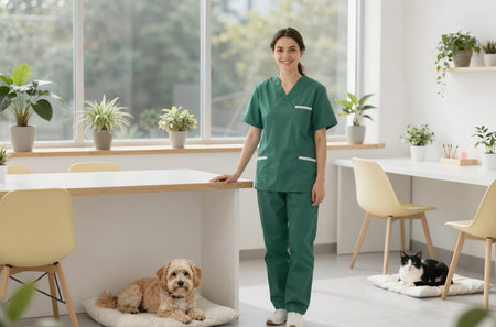 Portrait of female veterinarian standing near reception desk with dog in clinicの素材