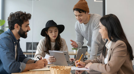 Group of multiethnic business people meeting in modern office. Group of business people working and communicating together.の素材