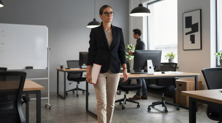 Portrait of confident businesswoman in eyeglasses standing in modern officeの素材