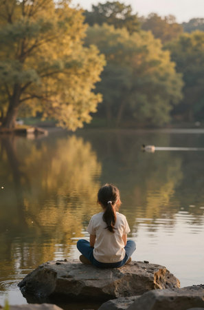 Girl sitting on the rock in the park and looking at the lakeの素材