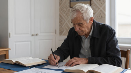 Elderly man doing homework at home. Old man sitting at the table and writing in notebookの素材