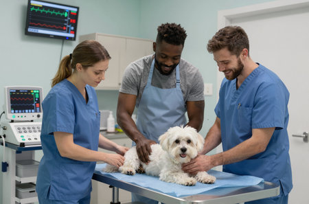 Veterinarian examining a maltese dog in operating room at veterinary clinicの素材