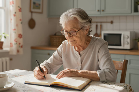 Senior woman writing in notebook at table in the kitchen at home.の素材