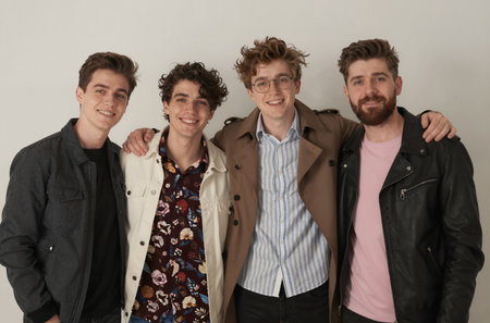 Portrait of a group of young men looking at camera and smiling.の素材