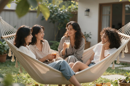 Group of female friends relaxing in hammock and drinking juice in gardenの素材