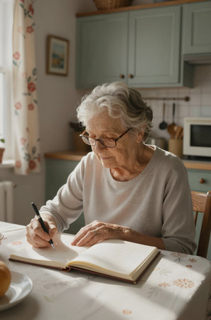 Elderly woman writing in notebook while sitting at the kitchen tableの素材