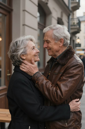Portrait of a loving senior couple in the city. They are looking at each other and smiling.の素材