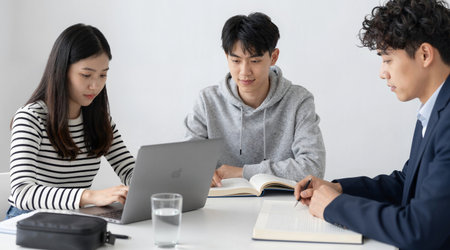 Young asian business people working with laptop computer at office desk.の素材