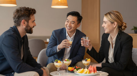 Group of business people having a lunch together in a restaurant, talking and drinking cocktailsの素材