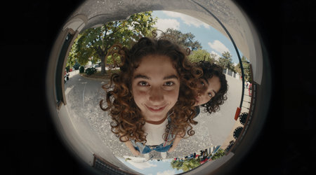 Reflection of a girl with curly hair in a mirror lens.の素材