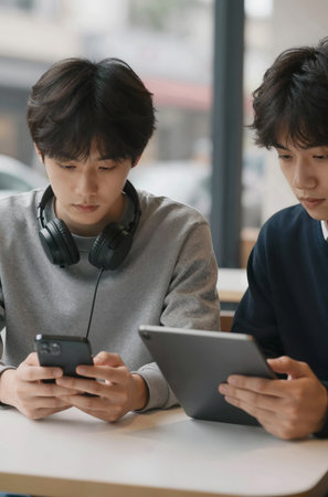Two boys using digital tablet and mobile phone in coffee shop, asianの素材