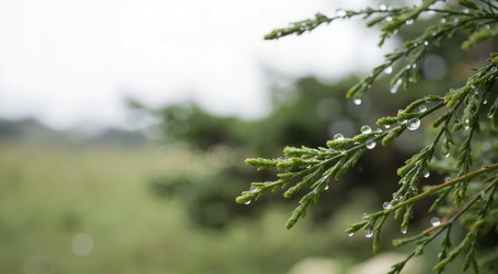 Drops of dew on the branches of a thujaの素材