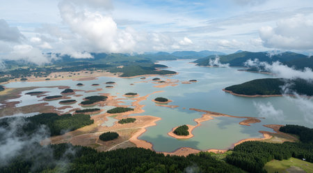 Aerial view of beautiful lake in the forest, natural landscape backgroundの素材