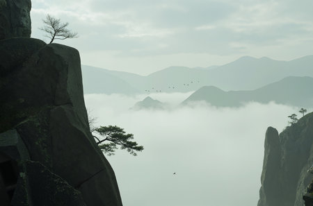 Mountain landscape in the mist, huangshan, chinaの素材
