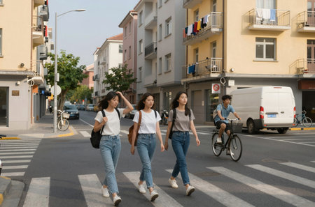 Group of happy young asian women walking in the street with bicycleの素材