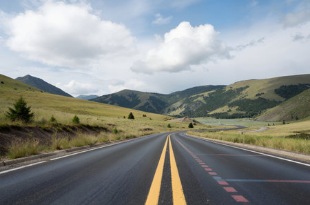 Road in the mountains with blue sky and white clouds, USA.の素材