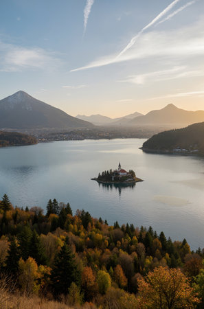 Lake Bled with St. Mary's Church at sunrise, Sloveniaの素材