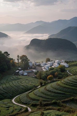 Landscape of tea plantation in morning at Doi Ang Khang, Chiang Mai, Thailandの素材