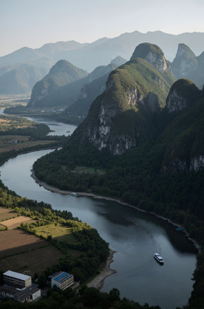 View of the river and mountains in the morning, Guilin, Chinaの素材